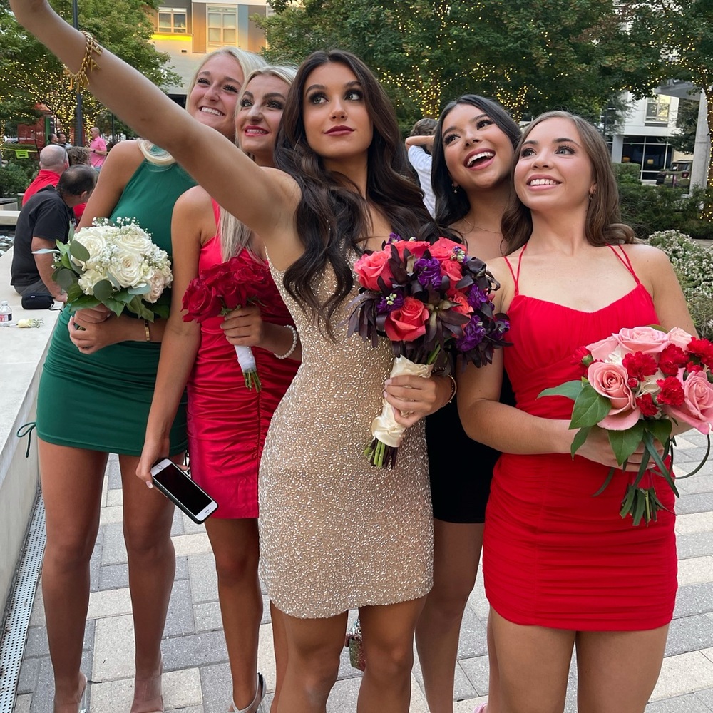Sherri Hill Champagne Beaded Mini Dress